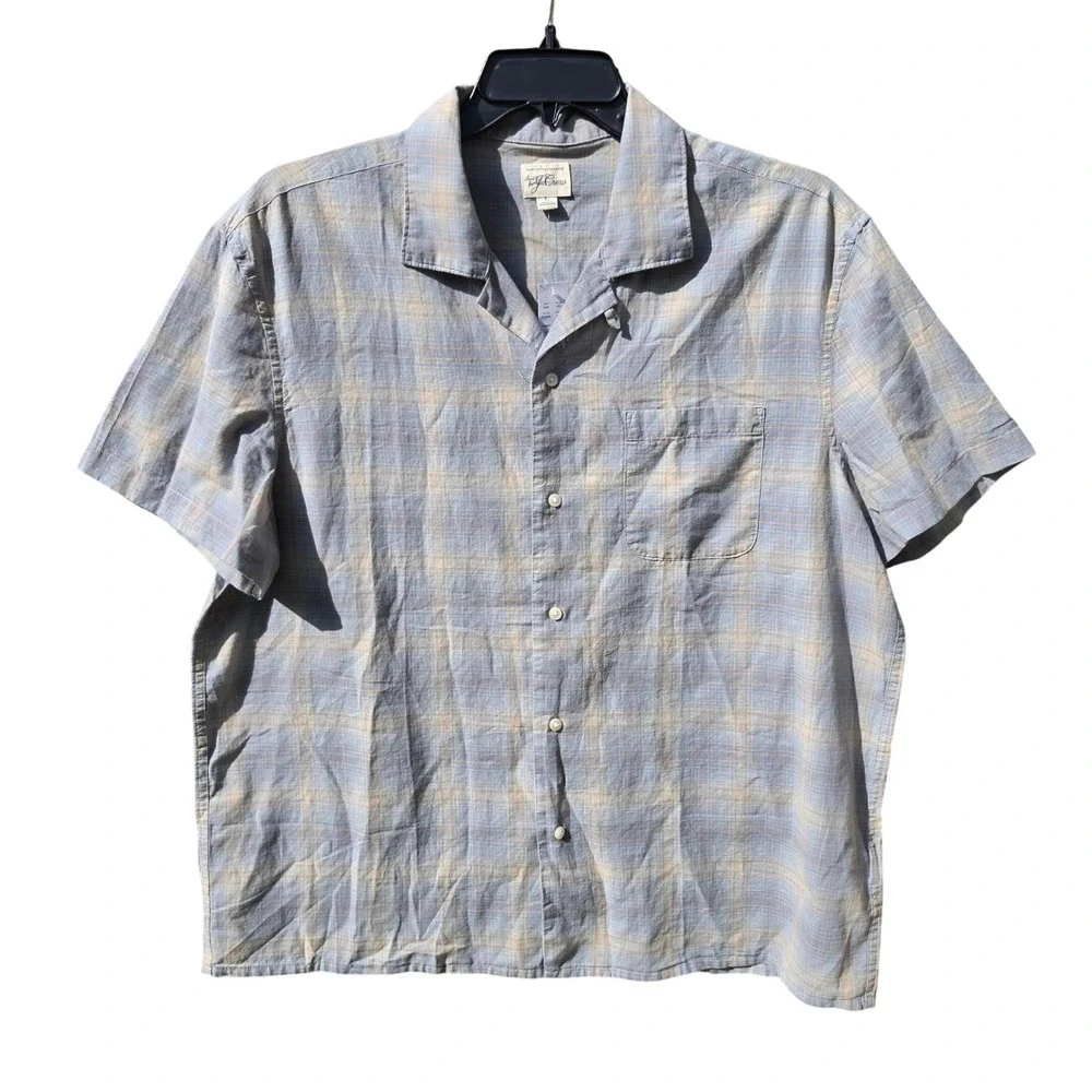 J.Crew NWT Mens Cotton Gauze Camp Collar Shirt Paul Dusty Blue Oat Plaid CC926 L